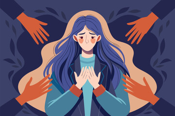 Upset young woman seeking support as hands reach out to her, a visual representation of mental health awareness and the importance of community support