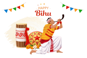 Happy magh bihu festive celebration with traditional musical instruments and colorful decorations isolated on white