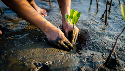 Close-up of muddy hands planting a young mangrove seedling in wet soil, symbolizing environmental restoration and conservation efforts.