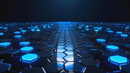 Fototapeta premium A futuristic hexagonal grid with glowing blue panels extending into the distance under a dark ambiance.