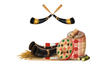 Happy magh bihu traditional musical instruments and food items celebrating the festive spirit of the occasion pure white background cutout
