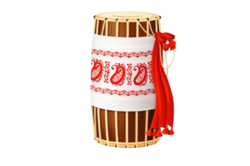 Happy magh bihu traditional drum adorned with red ribbon and intricate designs celebrating cultural heritage no background