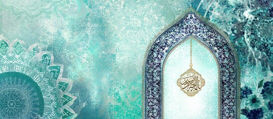An ornate turquoise and gold design features an archway with intricate patterns, a hanging emblem, and a backdrop of swirling textures, creating an elegant and artistic composition