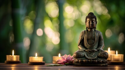 Buddha Statue with Lotus and Candle Light &ndash; Peaceful Zen Meditation Scene
