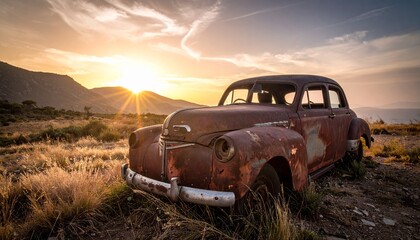 Vintage Car in Desert Landscape at Sunset - A Rusty Relic of the Past.