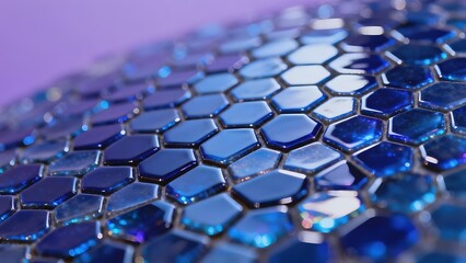 Obraz premium Close-up of blue hexagonal mosaic tiles with reflective surfaces