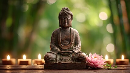 Buddha Statue with Lotus and Candle Light &ndash; Peaceful Zen Meditation Scene