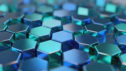 Obraz premium Close-up of reflective hexagonal tiles in blue and green hues, arranged in a patterned surface with depth and shine.