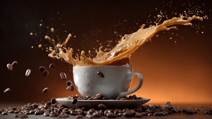 Dark Coffee Splash Art &ndash; High-Speed Black Coffee Explosion in White Cup