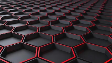 Fototapeta premium 3D rendering of a hexagonal grid pattern with black cells and red outlines, creating a futuristic geometric surface.