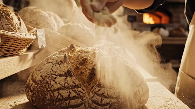 Artisanal bread display with bakery oven in background warm tones