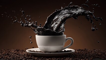 Dark Coffee Splash Art &ndash; High-Speed Black Coffee Explosion in White Cup