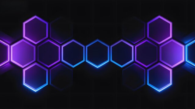 Neon hexagonal pattern with glowing purple and blue outlines on a dark background - Powered by Adobe