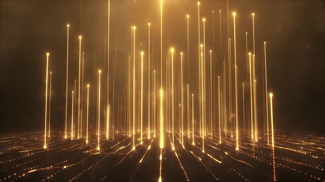 Falling particles sorting into glowing vertical columns within volumetric haze, creating a cinematic futuristic scene symbolizing data organization, AI systems, and order from chaos.