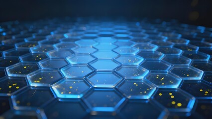 Obraz premium Hexagonal grid with glowing blue tiles and yellow particles in a futuristic digital environment