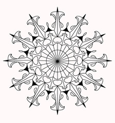 Black and white symmetrical geometric mandala with intricate linework and pointed elements vector