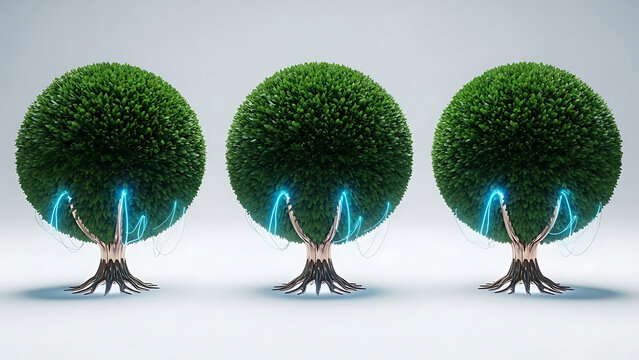 renewable energy technology concept showing stylized trees with glowing blue electrical currents representing sustainable power for a green future.
