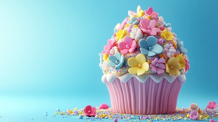 Vibrant Floral Cupcake & Sprinkles on Blue. Sweet Celebration Treat