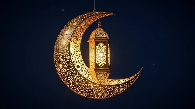 Elegant crescent moon lantern hanging in dark night sky