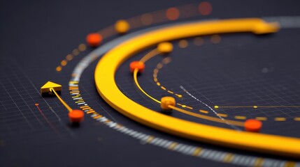 Abstract curved lines with circles in vibrant shades of yellow and orange on a dark grid background representing data visualization and analytical concepts