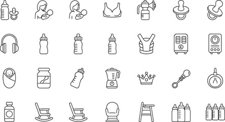 Large set of maternity and baby care line icons featuring nursing mothers feeding bottles pacifiers rocking chairs and nursery equipment isolated on white