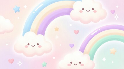 Adorable Smiling Clouds and Gentle Pastel Rainbows Whimsical Dreamy Sky Illustration