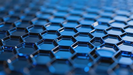 Fototapeta premium Close-up of a blue hexagonal grid pattern with reflective surfaces