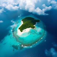 Fototapeta premium Aerial view of a tropical island with lush green vegetation, white sand beach, and turquoise ocean water.