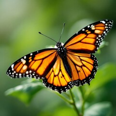 Fototapeta premium A close-up view of a beautiful monarch butterfly with its wings open, resting gently on a vibrant green leaf in a natural outdoor setting.