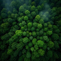 Fototapeta premium Aerial view of a lush, dense green forest with a hint of mist, showcasing the vibrant canopy from above.
