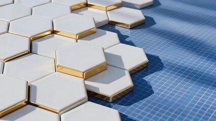 White hexagonal tiles with gold edges arranged on a blue grid surface