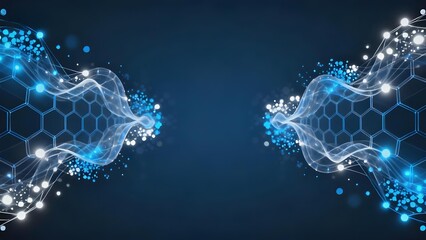 Abstract digital wave patterns with hexagonal molecular structures and glowing particles on a dark blue background