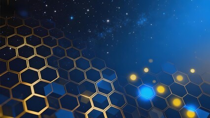 Abstract hexagonal pattern with glowing elements against a starry blue background