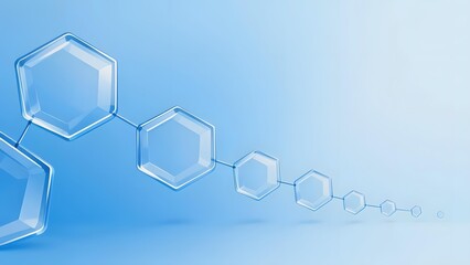 Abstract molecular structure with hexagonal shapes connected in a chain against a blue gradient background