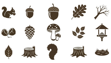 Collection of monochrome nature and forest icons including squirrel, acorns, leaves, mushrooms, tree stumps, and a bird feeder. © Airwj