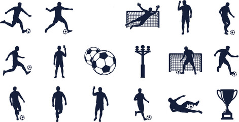 Collection of football icons representing various actions and elements of the sport, including players, goals, and trophies