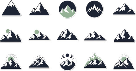 Collection of stylized mountain range illustrations in various shapes and colors, perfect for adventure and outdoor themes