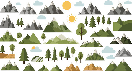 Vibrant collection of stylized mountain ranges and trees under a sunny sky, showcasing nature's beauty