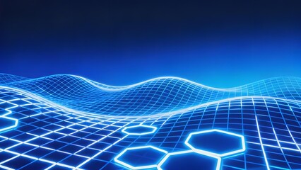 Abstract digital landscape with glowing blue grid and hexagonal patterns on a wavy surface