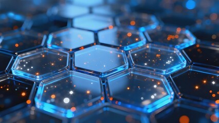 Abstract hexagonal grid with glowing particles and blue illumination
