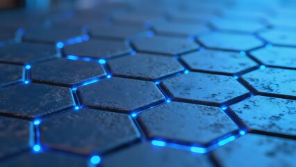 Hexagonal grid pattern with blue glowing lines on a dark textured surface