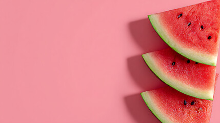 Sliced Watermelon Pieces on Pink Background with Copy Space