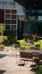 Garden decoration in a large restaurant featuring a theme of loft style, The photo designed as a background image with copy space for text, typography, or graphic elements.