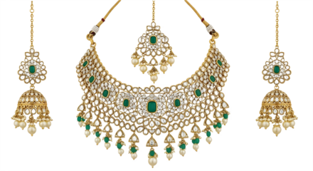 Traditional Indian Bridal Kundan Jewelry Set with Gold, Green Stones, and Pearls Product Shot isolated PNG with Transparent Background