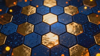 Fototapeta premium Hexagonal pattern with blue and gold tiles, illuminated by glowing points