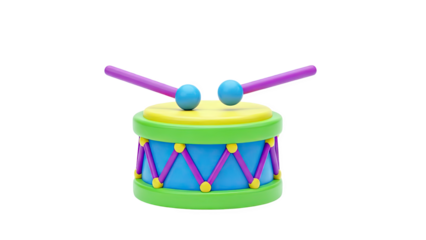 3D Colorful Toy Drum with Drumsticks on transparent background