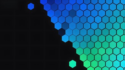 Abstract hexagonal pattern with gradient from blue to green on a dark background