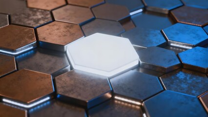 Hexagonal metallic tiles with one illuminated white tile in center, creating a futuristic pattern