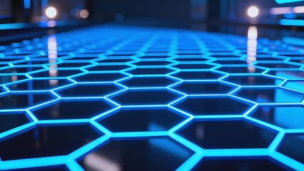 Blue hexagonal grid pattern illuminated in a futuristic technological environment