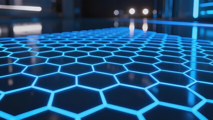 Futuristic hexagonal grid floor with glowing blue lines in a high-tech environment